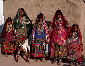 Children in traditional costume, Holka, Banni district, Kutch, Gujarat state, India, Asia